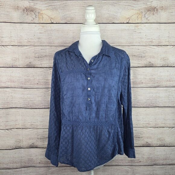 Sundance Long Sleeve Lace Eyelet Boho Embroidered Tunic Top Large Blue - Picture 1 of 8